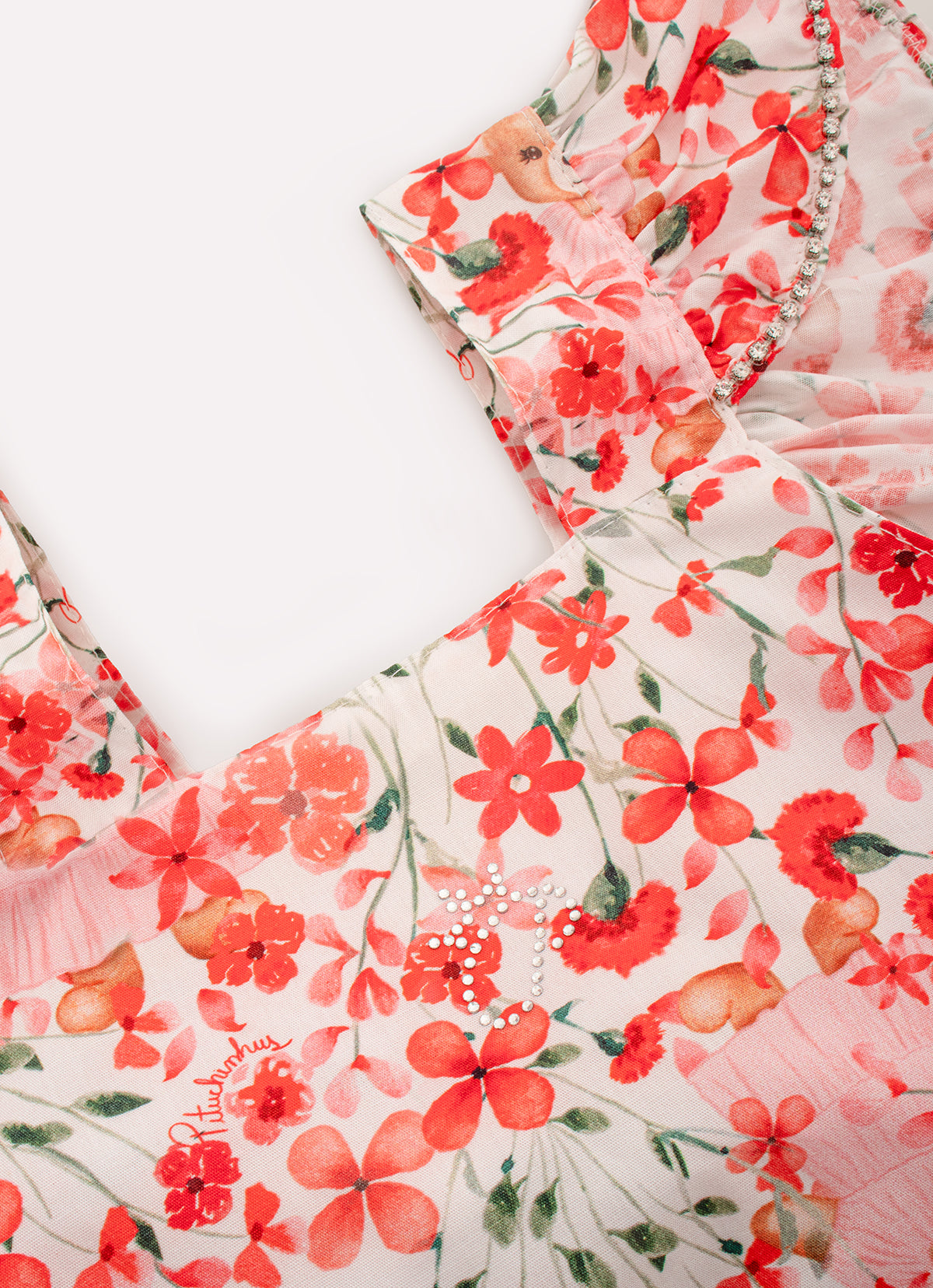 Blusa Cropped Algodão Estampado Flores e Ursa Cristal
