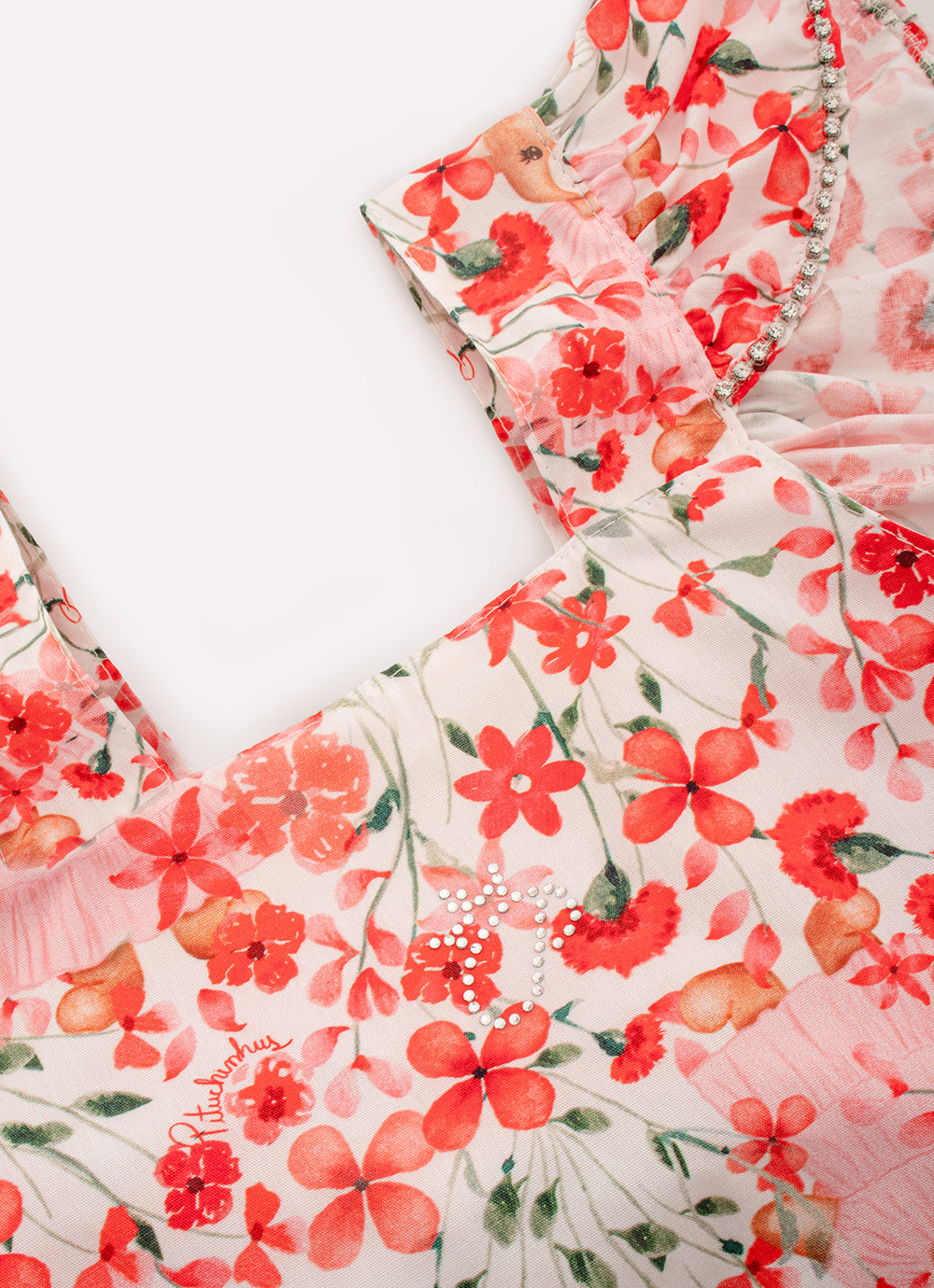 Blusa Cropped Algodão Estampado Flores e Ursa Cristal