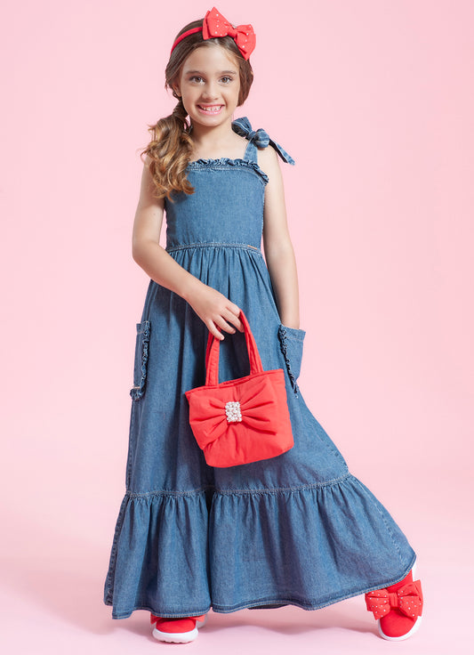 Vestido Longo Jeans Bolsos Babadinho Cristal