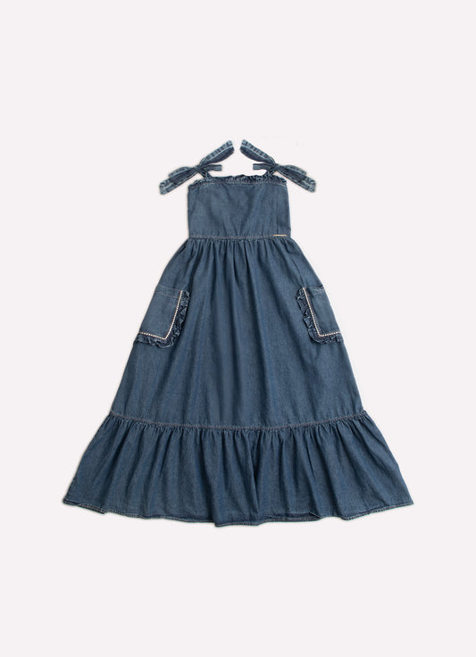 Vestido Longo Jeans Bolsos Babadinho Cristal