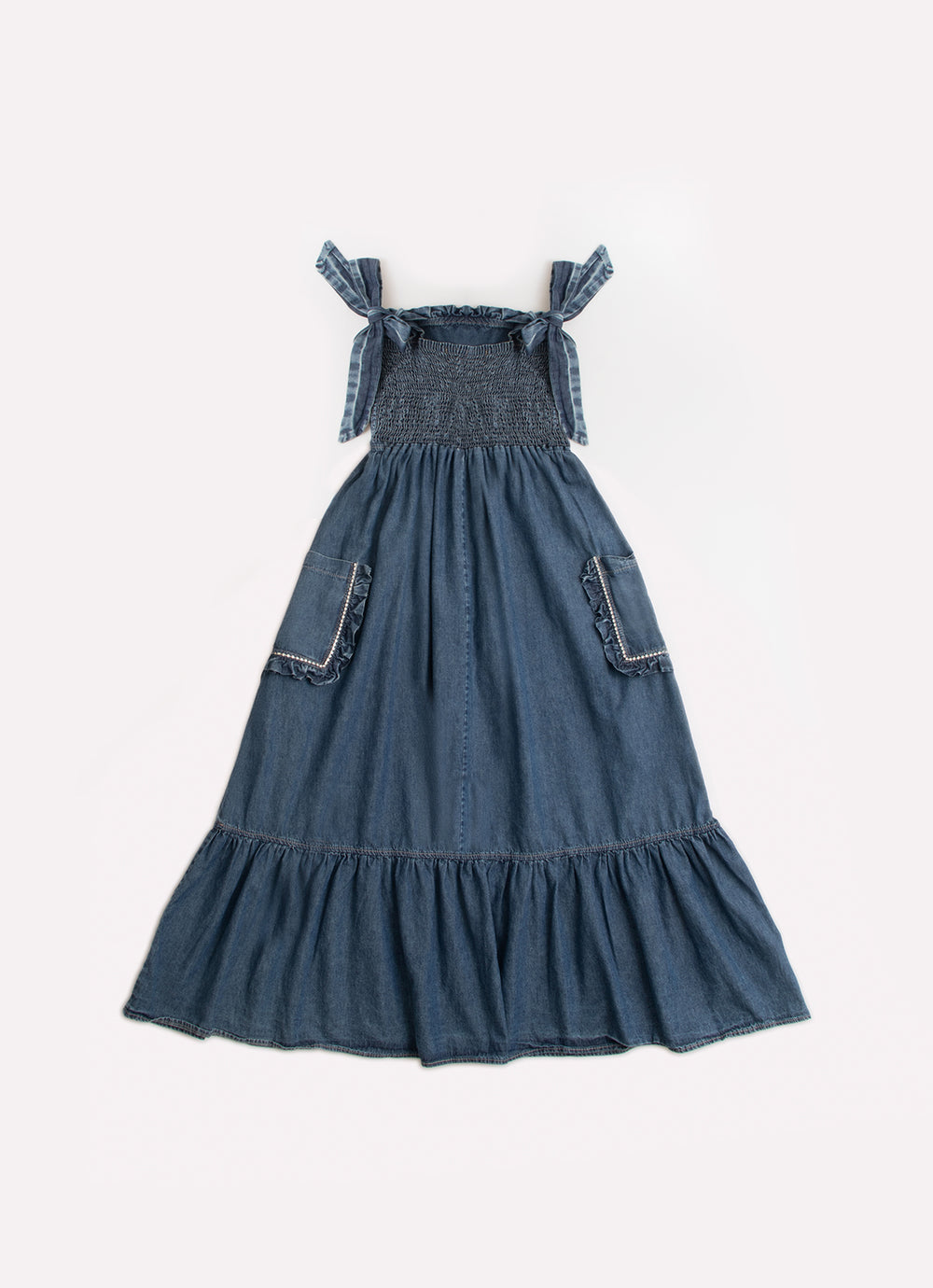 Vestido Longo Jeans Bolsos Babadinho Cristal