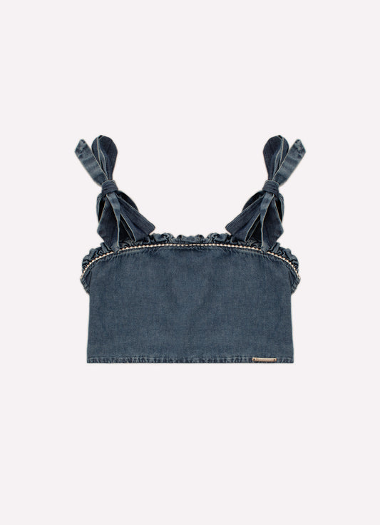 Blusa Cropped Jeans Fino Babadinho Cristal