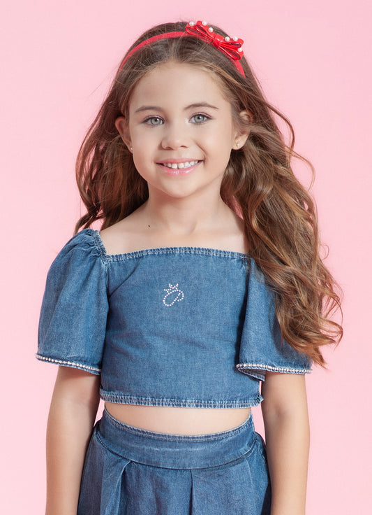 Blusa Cropped Jeans Fino Cristal Mangas