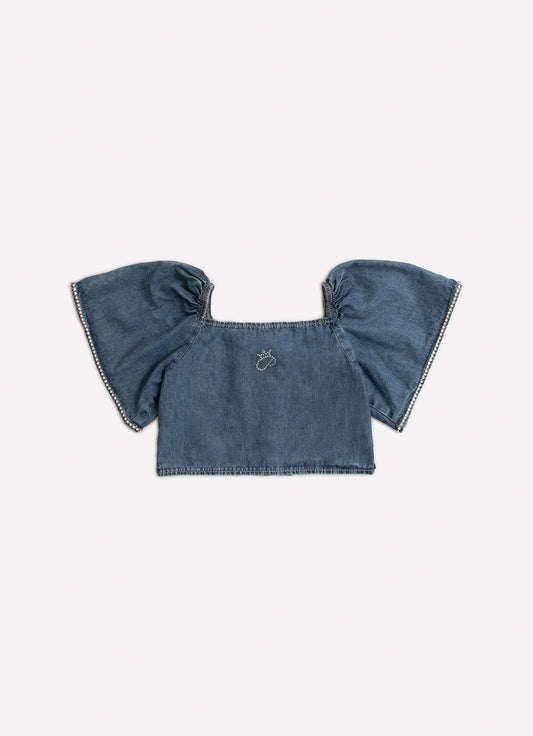 Blusa Cropped Jeans Fino Cristal Mangas