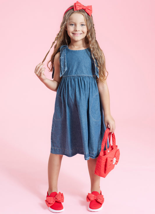 Vestido Jeans Fino Laços Ombros