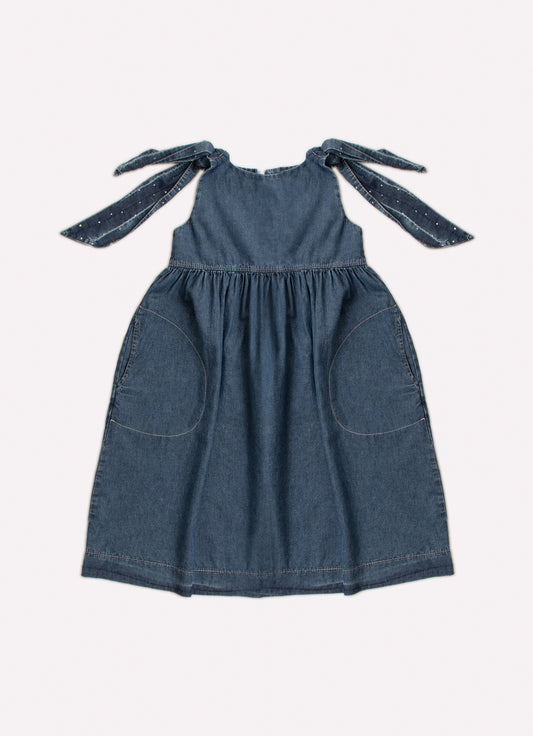 Vestido Jeans Fino Laços Ombros