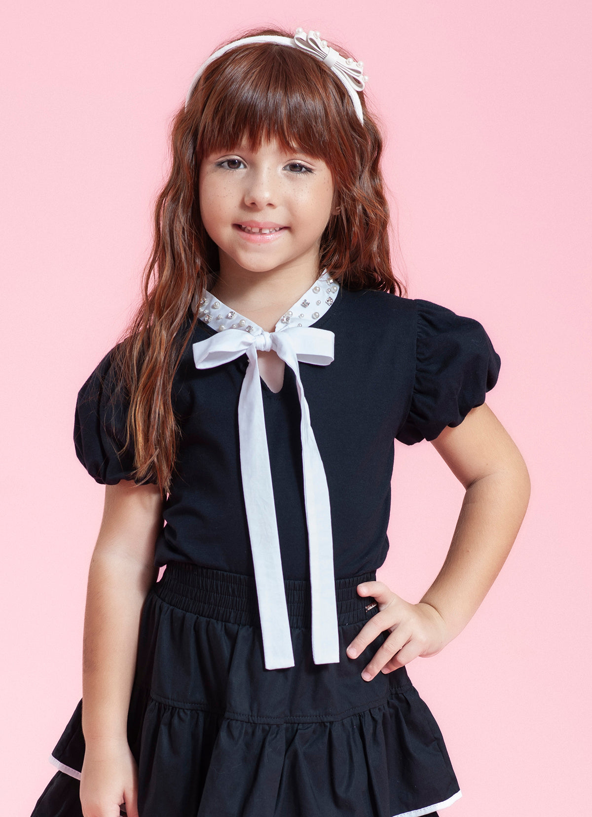 Blusa Algodão Gola Laço Bordados