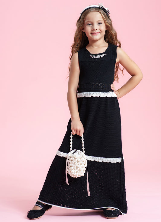 Vestido Tricot Longo Babados Rendado