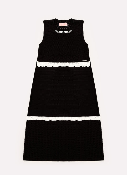 Vestido Tricot Longo Babados Rendado