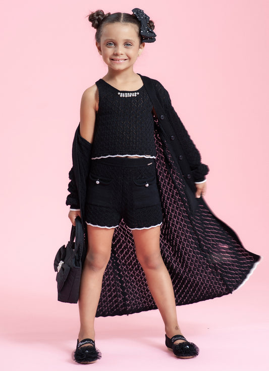 Maxi Casaco Tricot Rendado Bolsos
