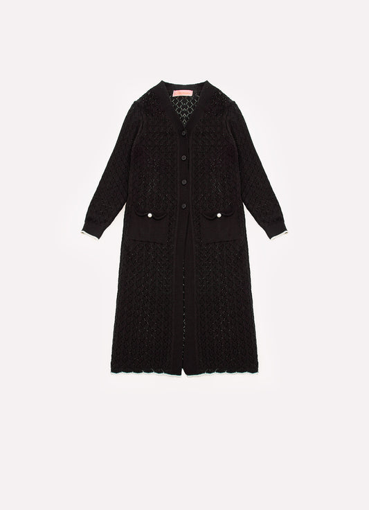Maxi Casaco Tricot Rendado Bolsos