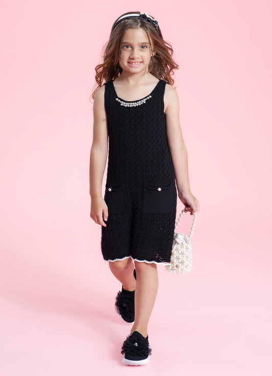 Vestido Tricot Rendado Bordados Decote