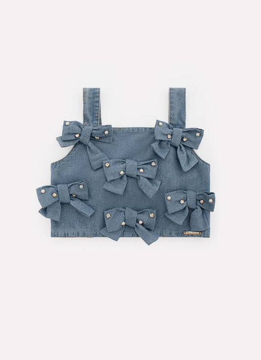 Blusa Cropped Jeans Fino Laços Bordados