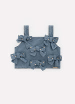 Blusa Cropped Jeans Fino Laços Bordados