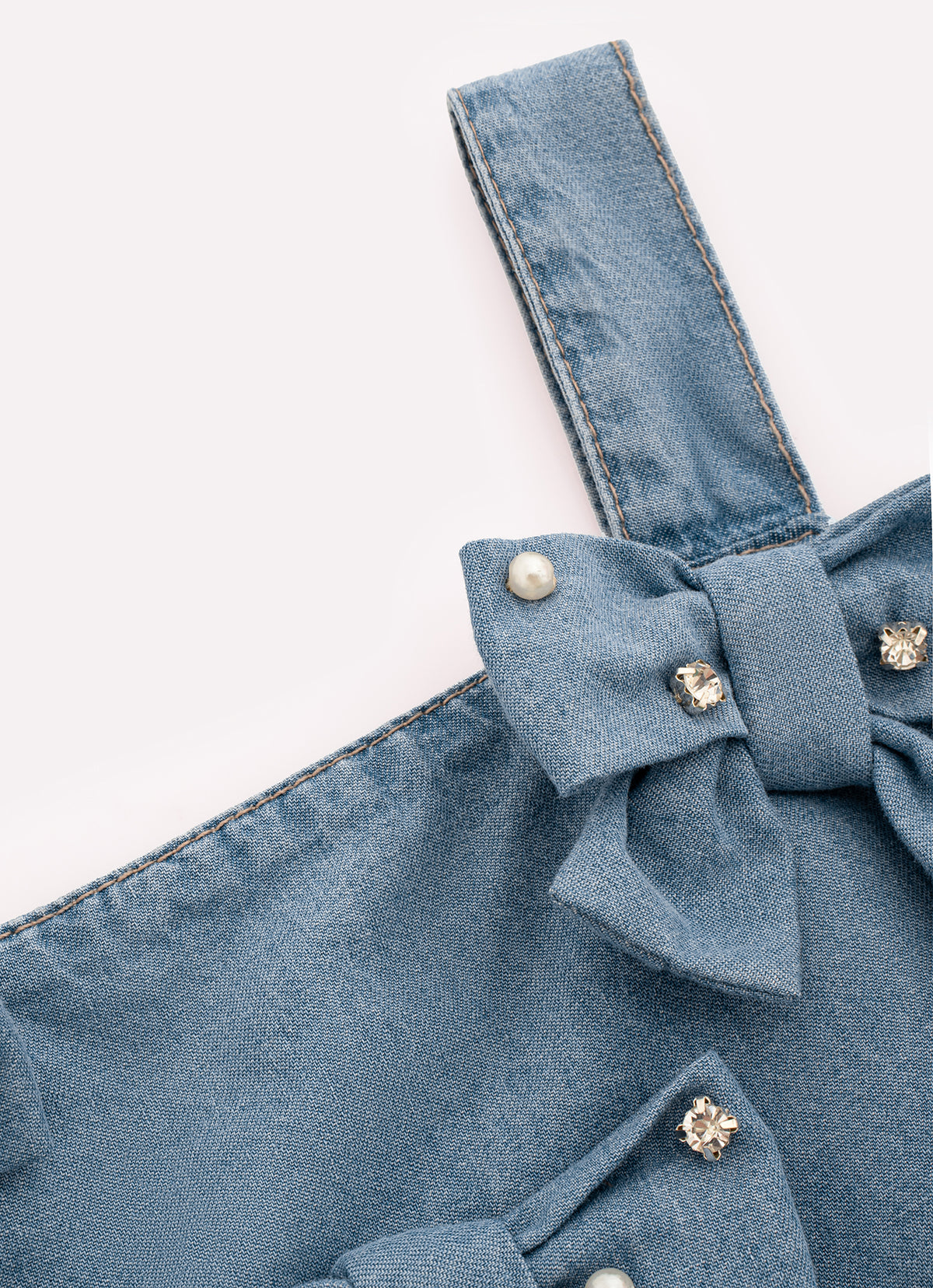 Blusa Cropped Jeans Fino Laços Bordados