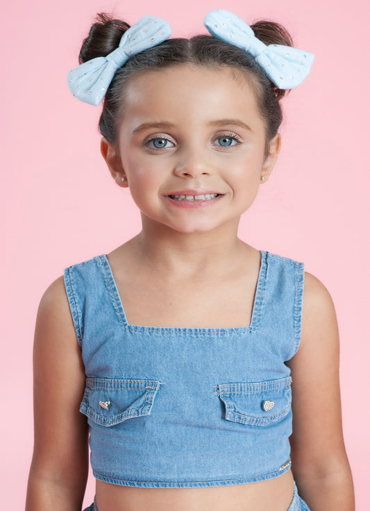 Blusa Cropped Jeans Fino Lapelas Botões Joia
