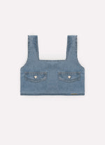 Blusa Cropped Jeans Fino Lapelas Botões Joia
