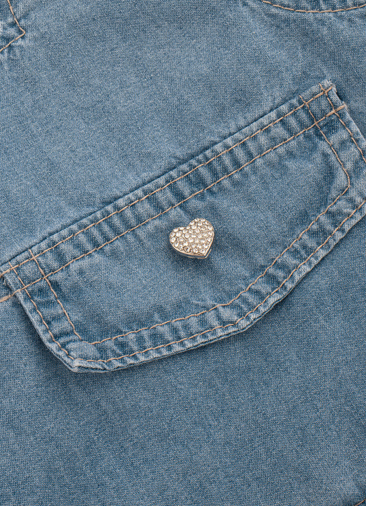 Blusa Cropped Jeans Fino Lapelas Botões Joia