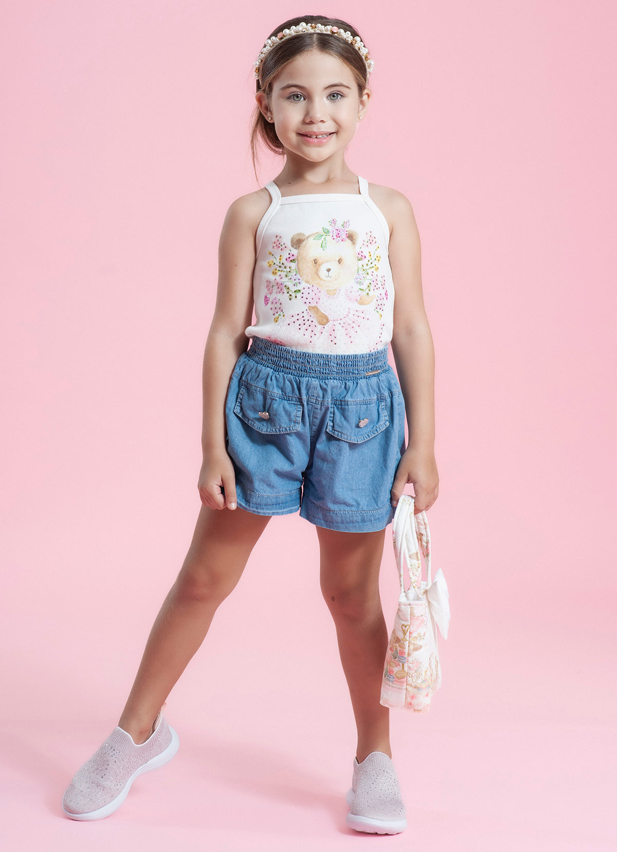 Short Jeans Fino Lapelas Botões Joia