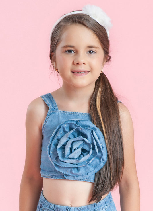 Blusa Cropped Jeans Fino Maxi Flor Cristais