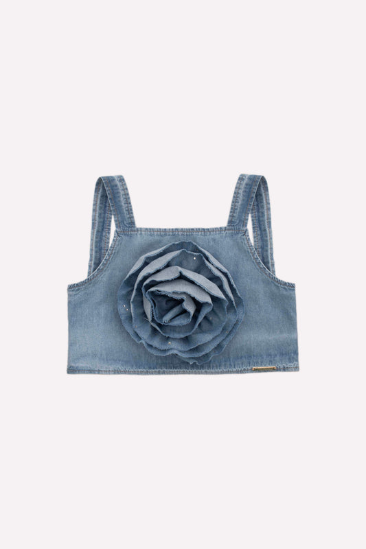 Blusa Cropped Jeans Fino Maxi Flor Cristais