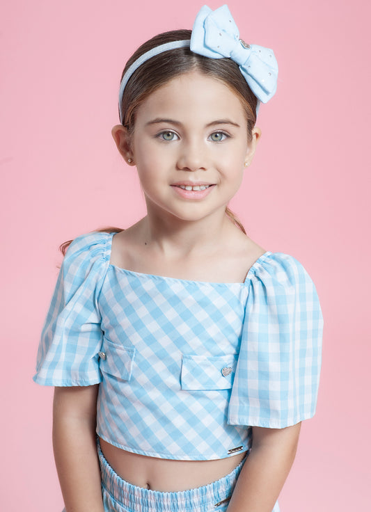 Blusa Cropped Algodão Xadrez Lapelas Botões Joia