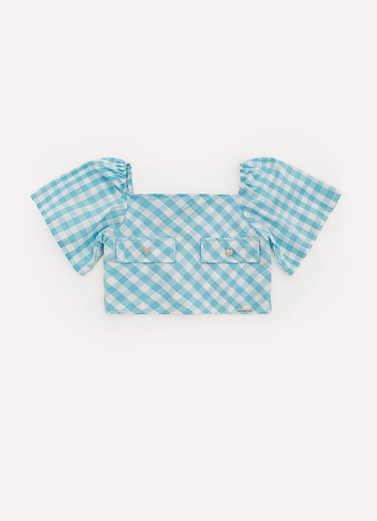 Blusa Cropped Algodão Xadrez Lapelas Botões Joia
