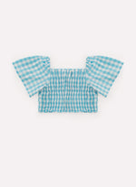 Blusa Cropped Algodão Xadrez Lapelas Botões Joia