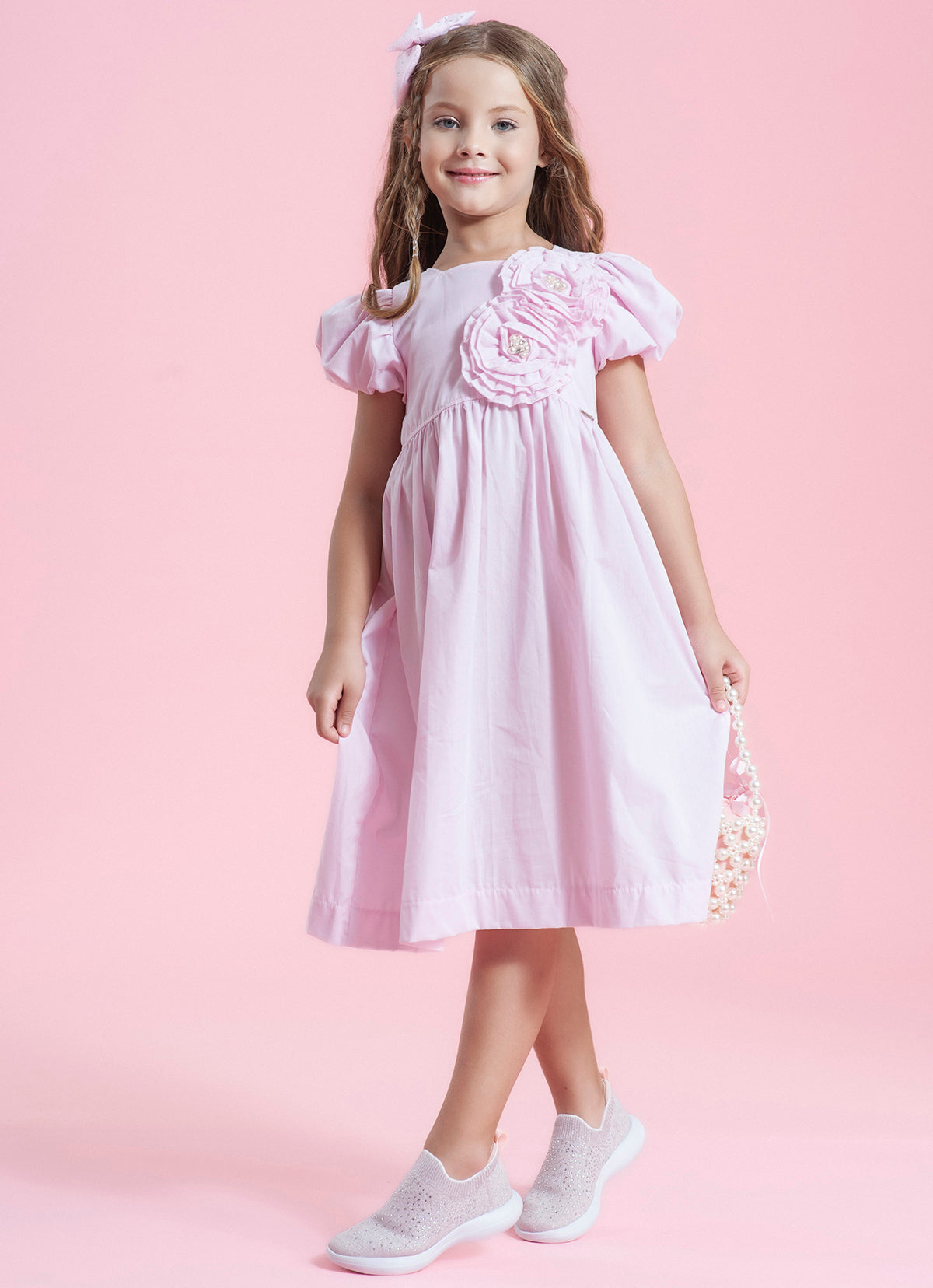 Vestido Algodão Maxi Flores Bordadas Manga Bufante