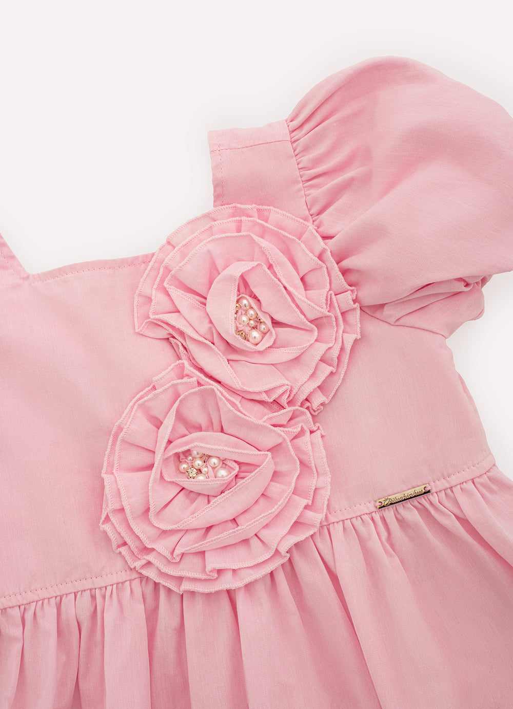 Vestido Algodão Maxi Flores Bordadas Manga Bufante