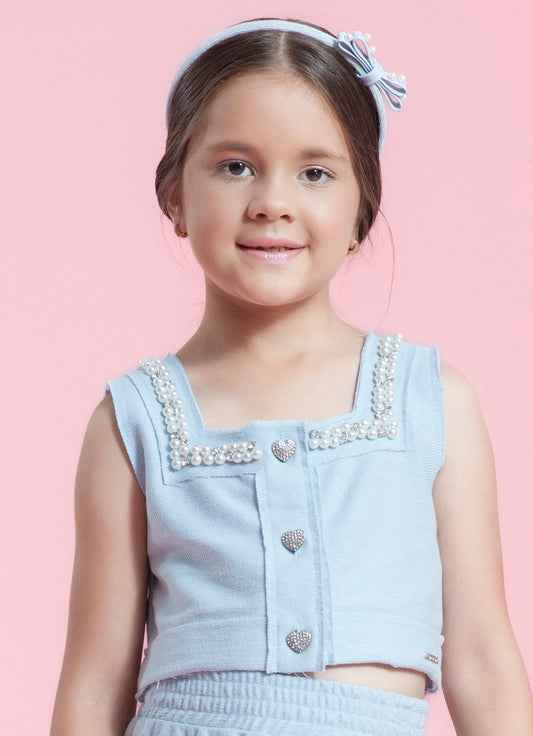 Colete Cropped Moletom Bordados Botões Joia