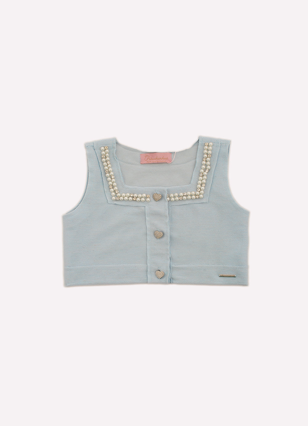 Colete Cropped Moletom com Bordados Botões Joia