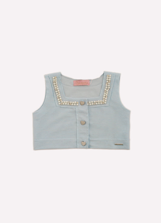 Colete Cropped Moletom Bordados Botões Joia