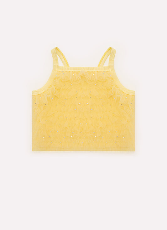Blusa Cropped Ribana Frufru Tule Cristais