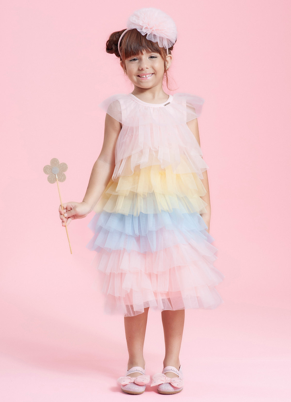 Vestido Babados Tule Multi Colorido