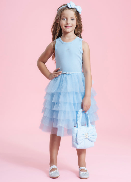 Vestido Ribana Saia Babados Tule Com Cinto