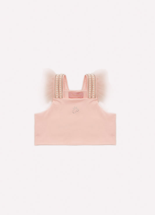 Blusa Cropped Cotton Babado Tule Alça Bordados