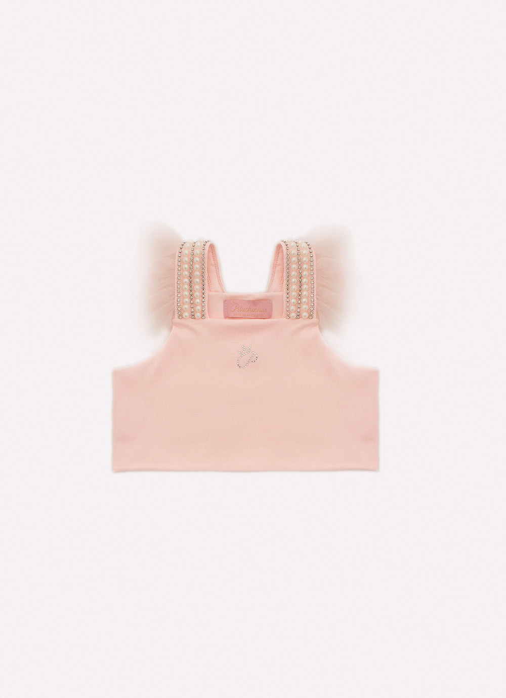 Blusa Cropped Cotton Babado Tule Alça Bordados