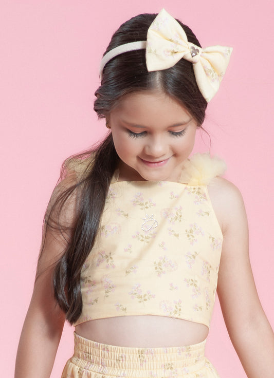 Blusa Cropped Algodão Estampado Floral Alças Tule