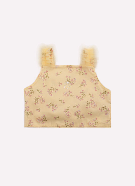 Blusa Cropped Algodão Estampado Floral Alças Tule