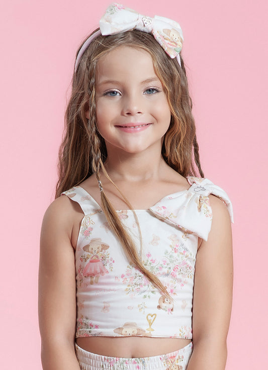 Blusa Cropped Algodão Estampado Hora Do Chá Laço Ombro
