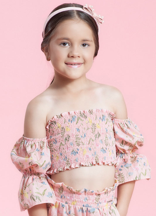 Blusa Cropped Algodão Estampado Multi Flores Manga Solta