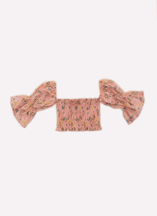 Blusa Cropped Algodão Estampado Multi Flores Manga Solta