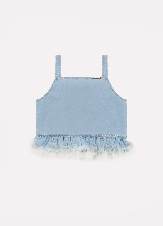 Blusa Cropped Jeans Fino Babado Tule Cristal Couture