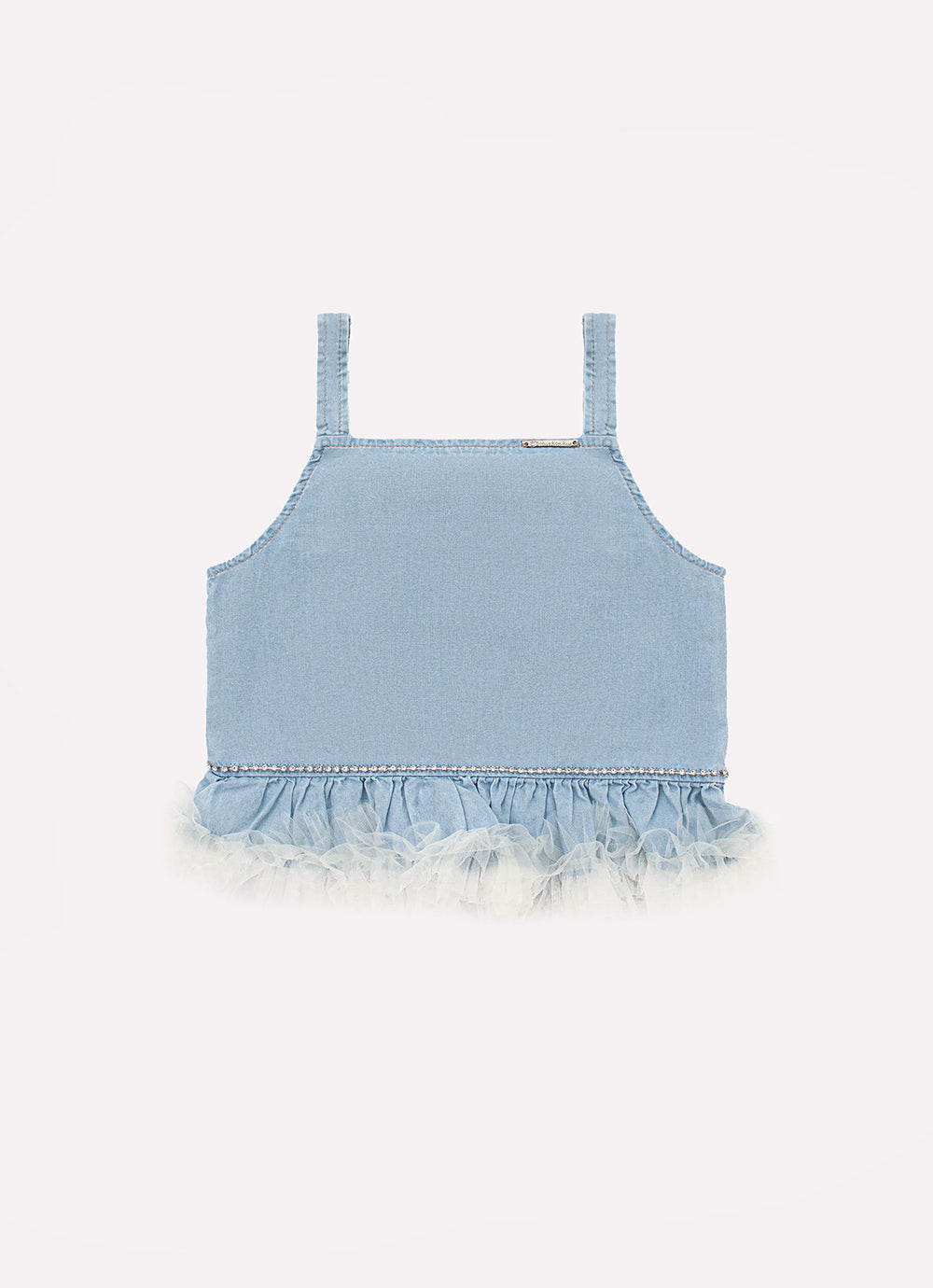 Blusa Cropped Jeans Fino Babado Tule Cristal Couture