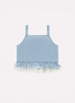 Blusa Cropped Jeans Fino Babado Tule Cristal Couture