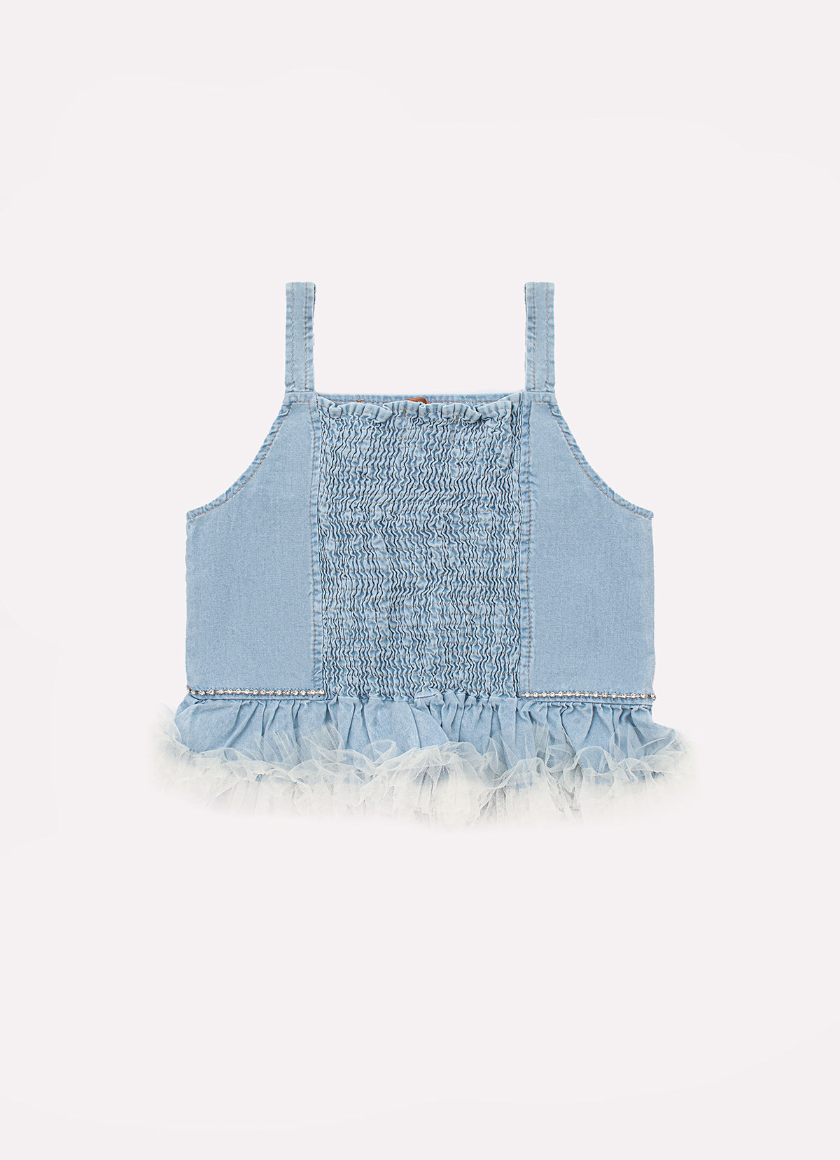 Blusa Cropped Jeans Fino Babado Tule Cristal Couture