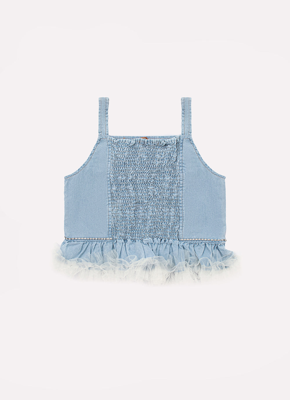 Blusa Cropped Jeans Fino Babado Tule Cristal Couture