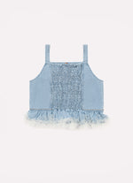 Blusa Cropped Jeans Fino Babado Tule Cristal Couture