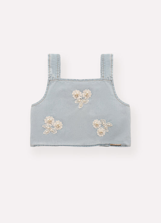 Blusa Cropped Jeans Fino Gruipir Bordado Couture
